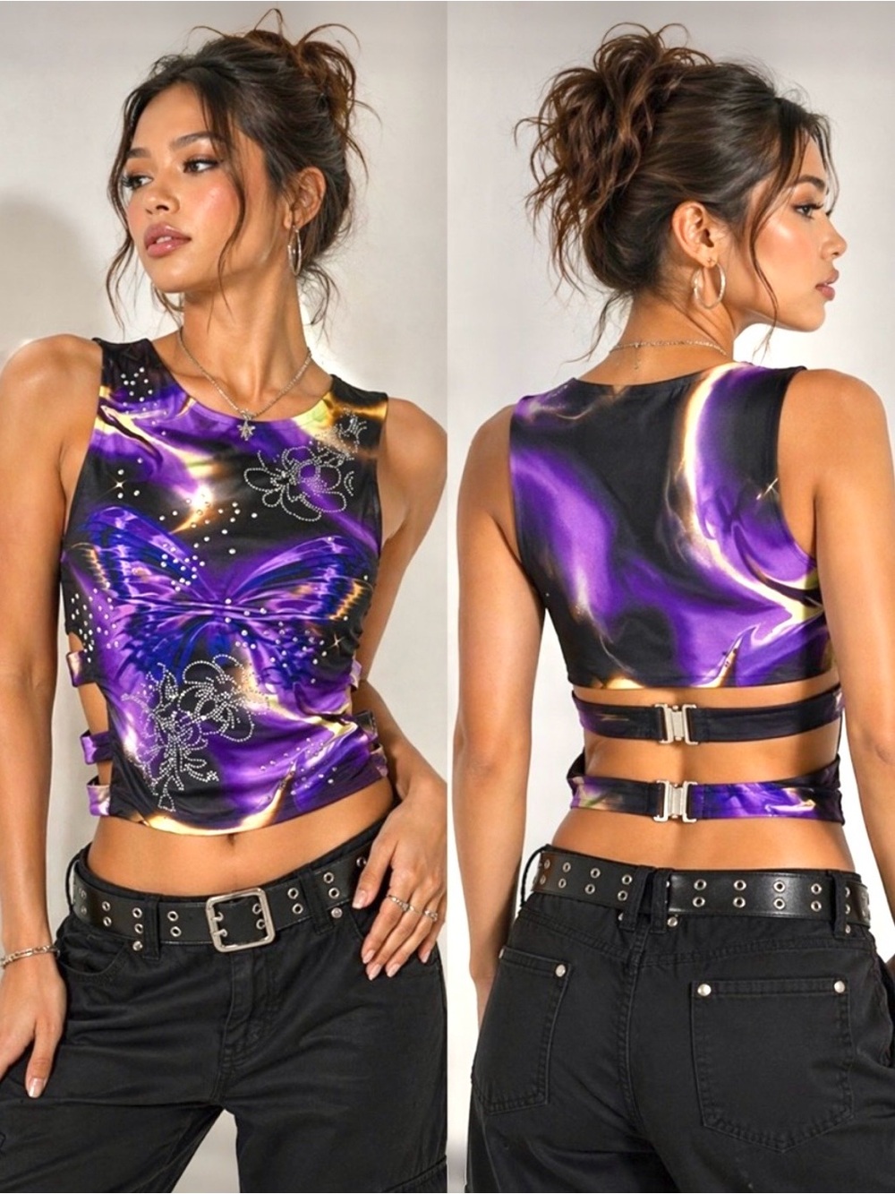 EUC Outcast Jax Butterfly Top XS Diamante Rhinestones Y2K Cyber Galaxy Prin